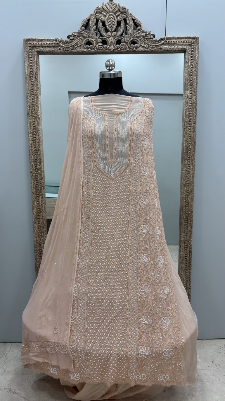 Pearl Gala Georgette Straight Pearl Cutdana and Sequence Peachy Gold