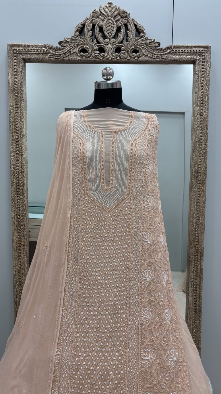 Pearl Gala Georgette Straight Pearl Cutdana and Sequence Peachy Gold