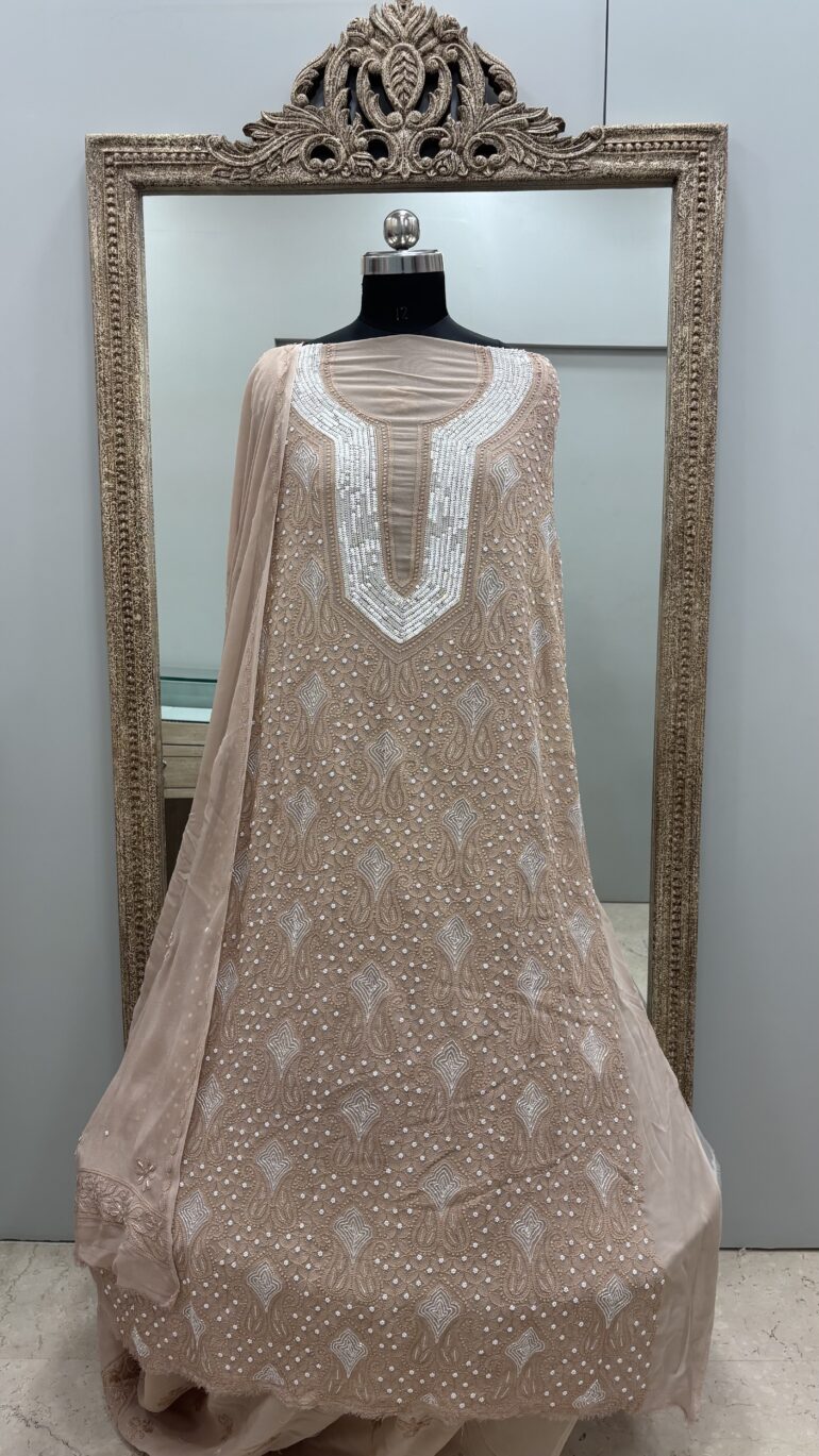 Pearl Gala Georgette Straight Pearl Cutdana and Sequence Rose Gold