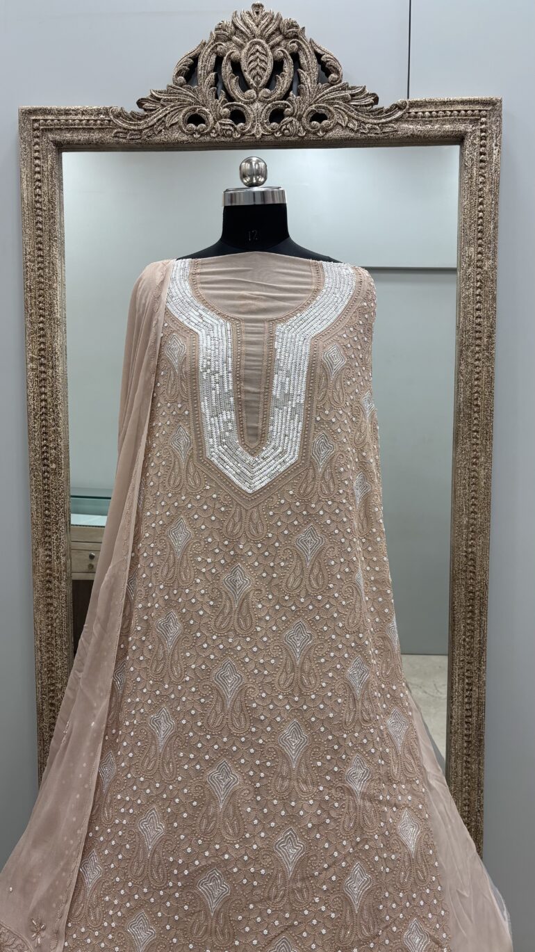 Pearl Gala Georgette Straight Pearl Cutdana and Sequence Rose Gold