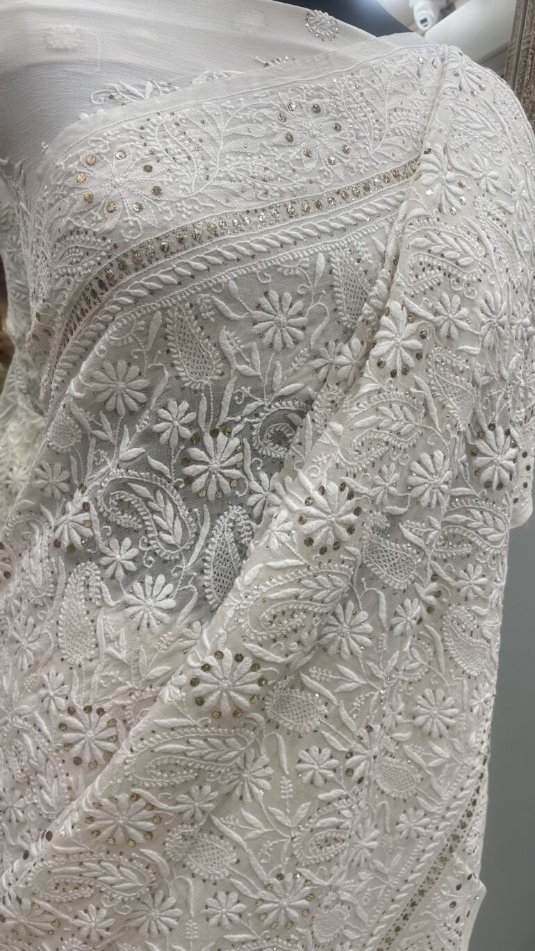 Pure Georgette Saree full jaal Chickan Mukaish with Jaali Work Off White