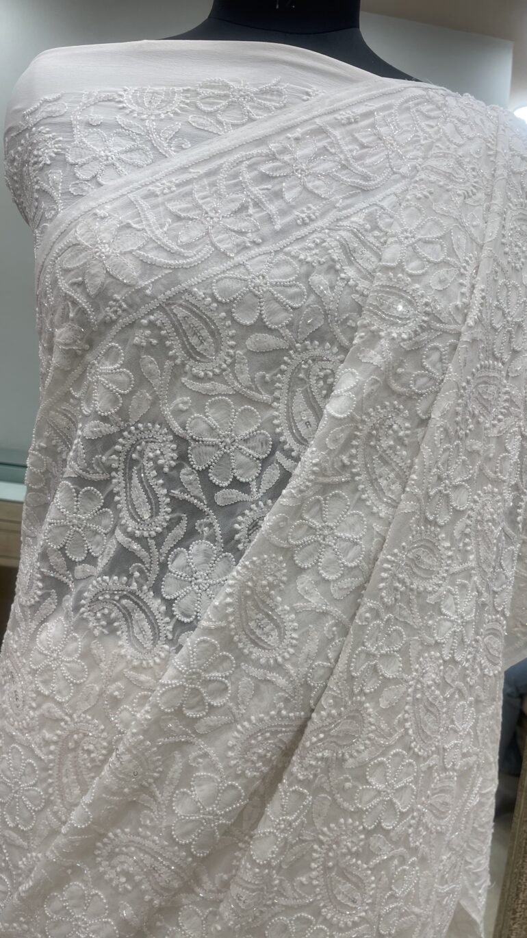 Pure Georgette Saree with Pearl and Cutdana addon Jaal Off white