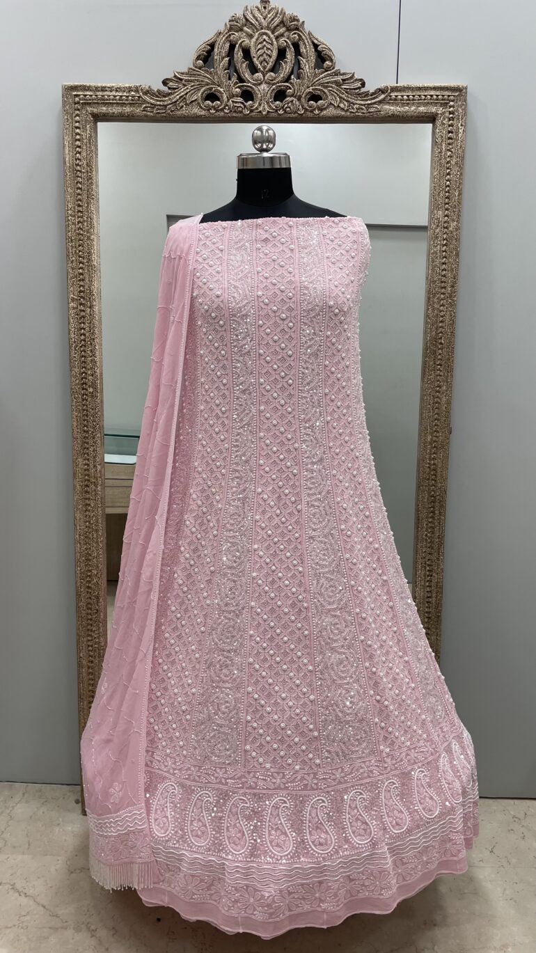 Pure Georgette Anarkali Heavy White Pearl, Multiolored Cutdana and Sequence Pink