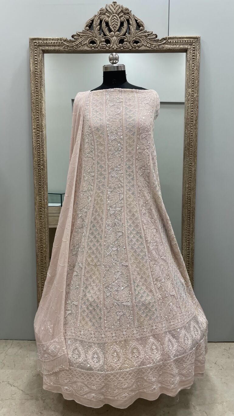 Pure Georgette Anarkali Heavy Pearl, Multi Coloured Cutdana and Sequence Peach