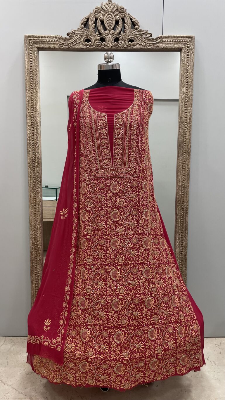 Pure Georgette Straight Heavy Sequence Pearl and Cutdana Red