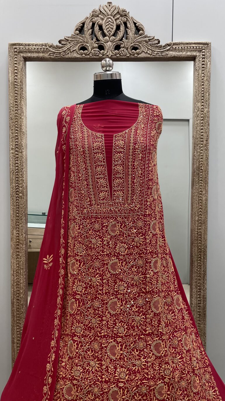 Pure Georgette Straight Heavy Sequence Pearl and Cutdana Red