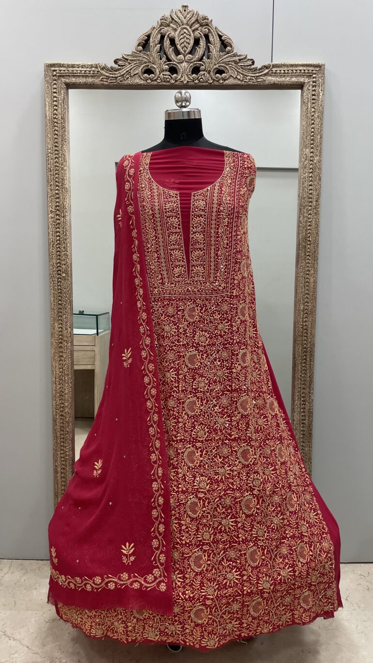 Pure Georgette Straight Heavy Sequence Pearl and Cutdana Red