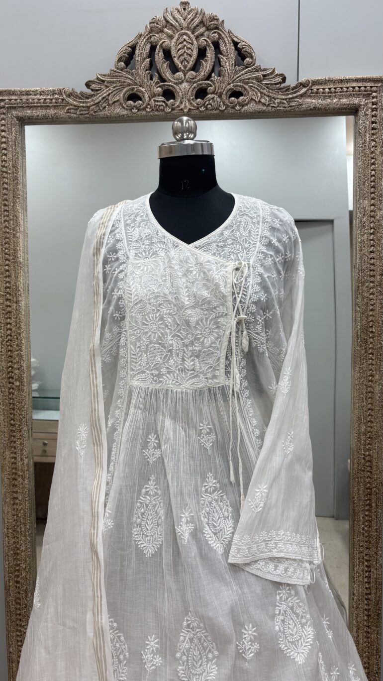 Pure Mulmul Angrakha Semistitched Shirt with Dupatta Off White