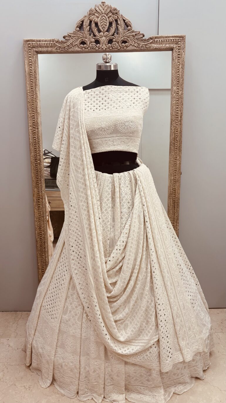 Pure Georgette Lehenga Heavy Mirror and Pearl Work Off White