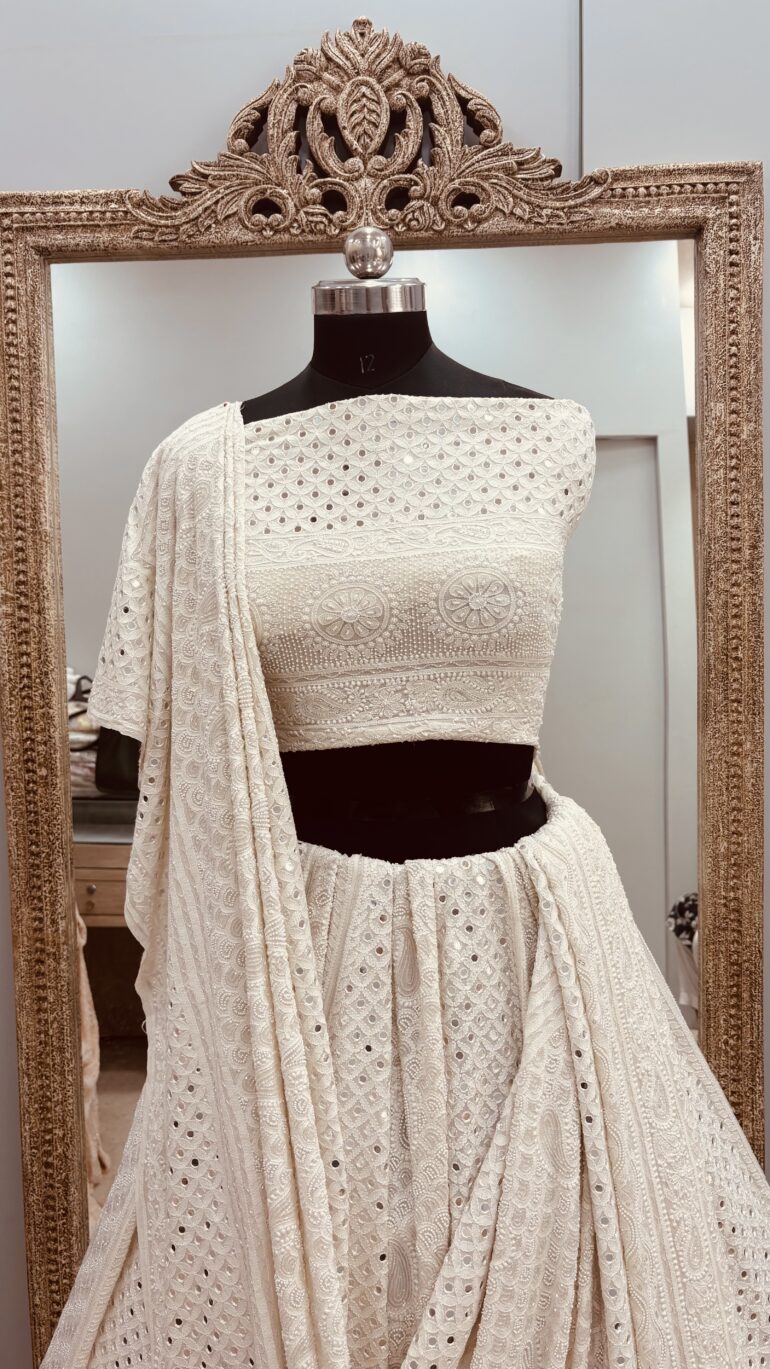 Pure Georgette Lehenga Heavy Mirror and Pearl Work Off White