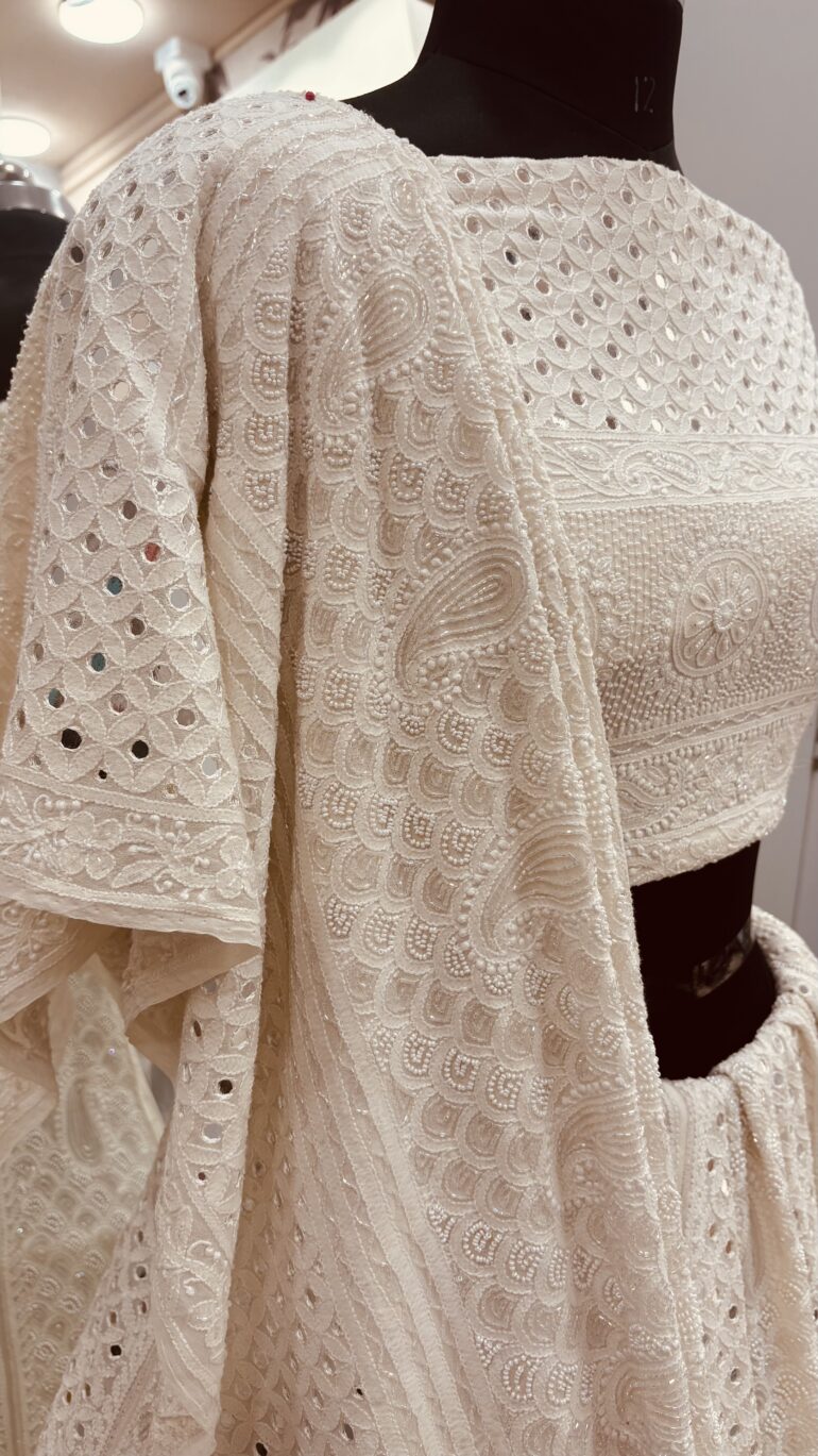 Pure Georgette Lehenga Heavy Mirror and Pearl Work Off White