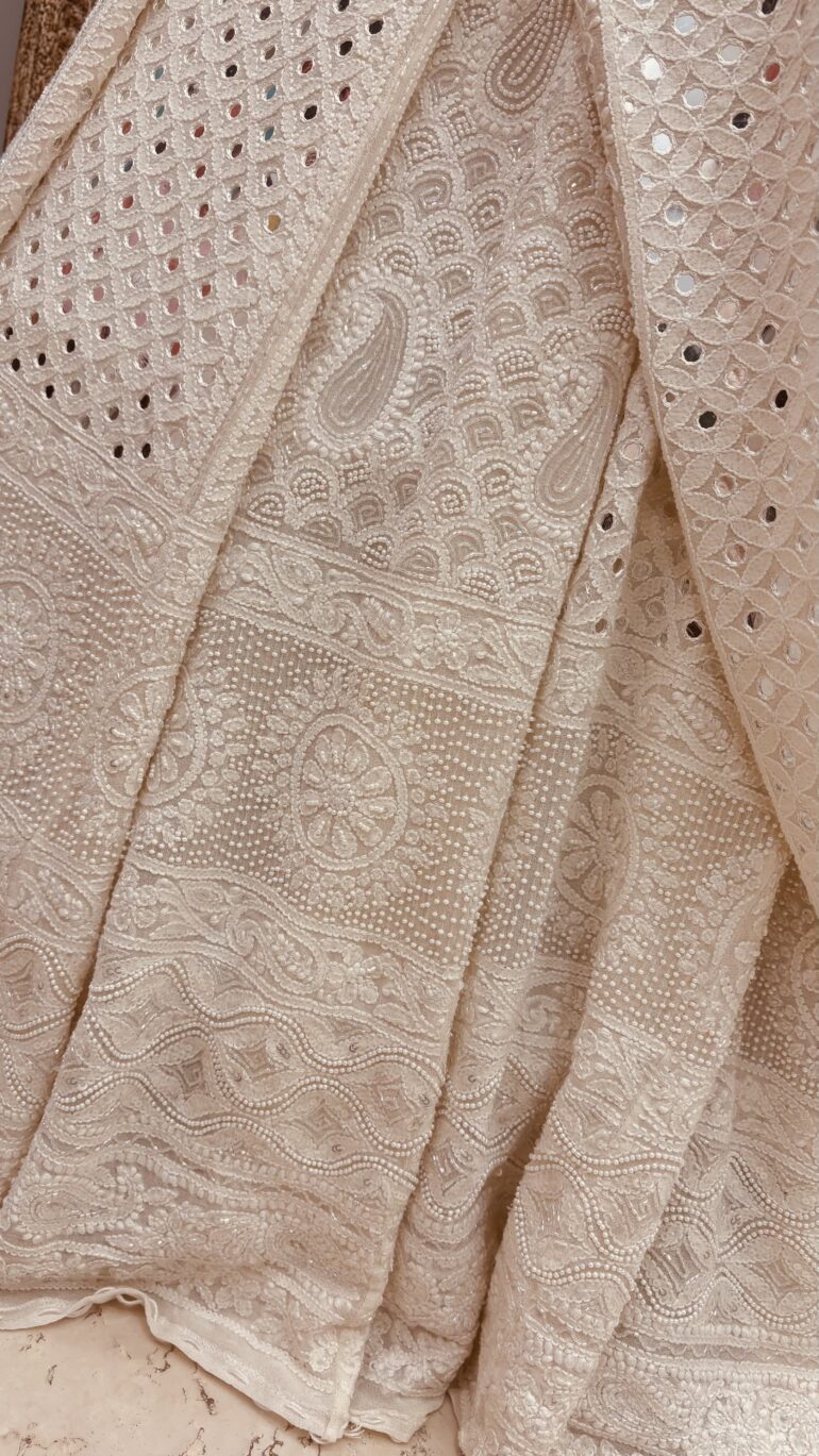 Pure Georgette Lehenga Heavy Mirror and Pearl Work Off White