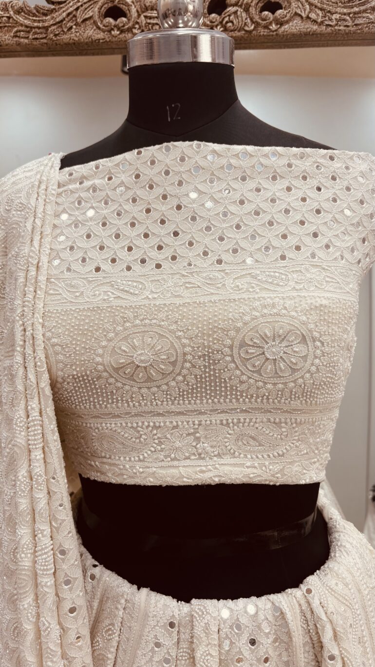 Pure Georgette Lehenga Heavy Mirror and Pearl Work Off White