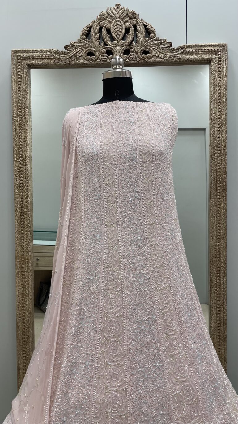 Pure Georgette Anarkali Heavy Pearl, Multi Coloured Cutdana and Sequence Peachy Pink