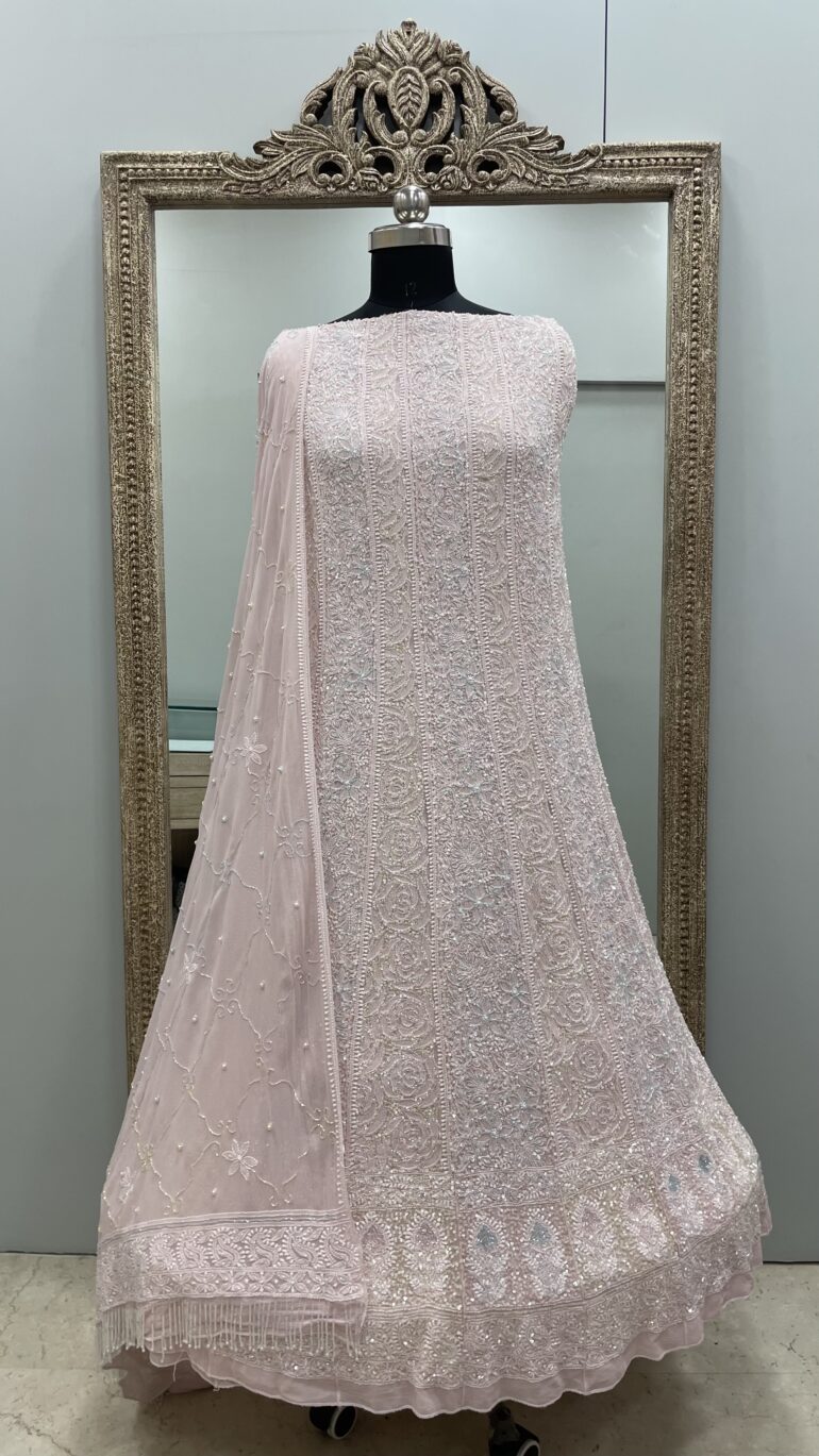 Pure Georgette Anarkali Heavy Pearl, Multi Coloured Cutdana and Sequence Peachy Pink