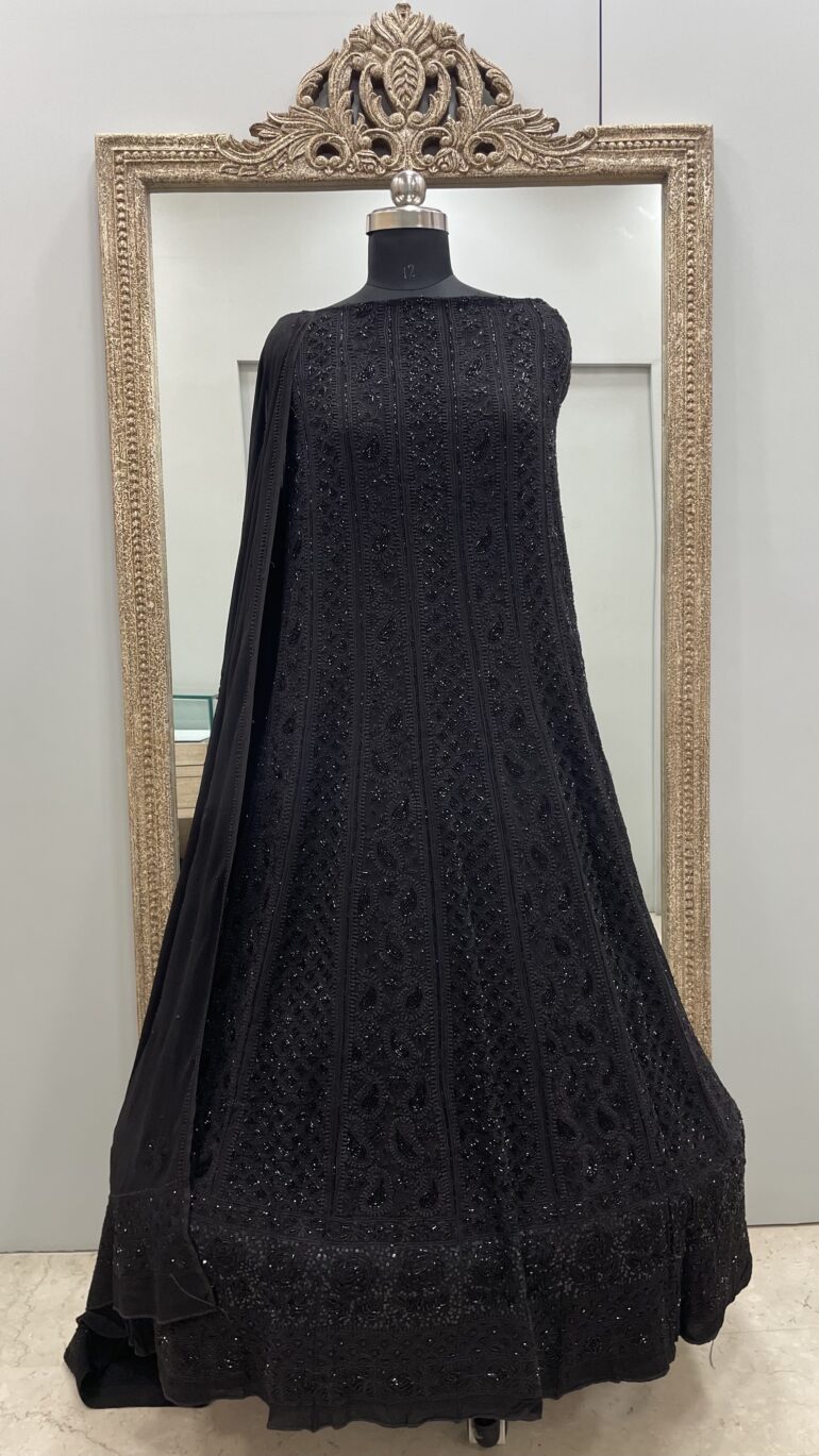Pure Georgette Anarkali Heavy Pearl,Cutdana and Sequence Black