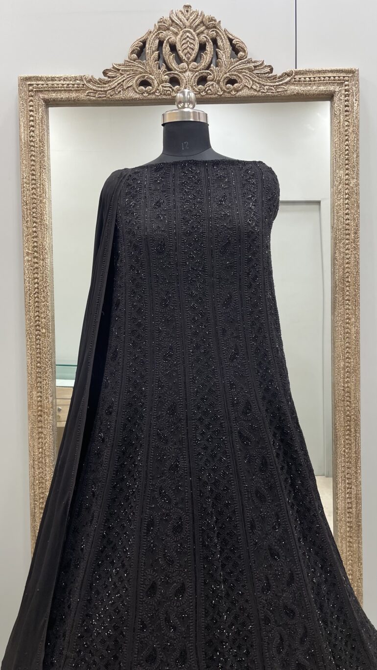 Pure Georgette Anarkali Heavy Pearl,Cutdana and Sequence Black