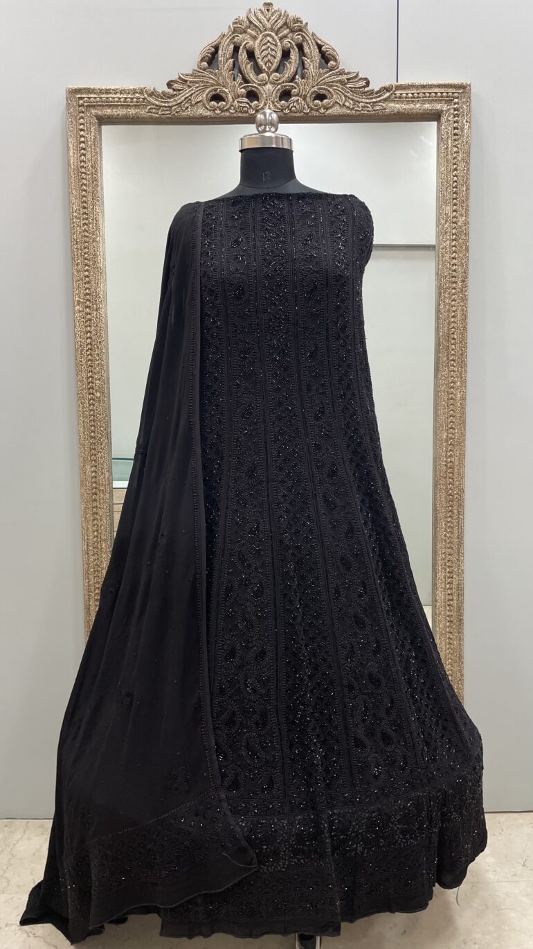 Pure Georgette Anarkali Heavy Pearl,Cutdana and Sequence Black