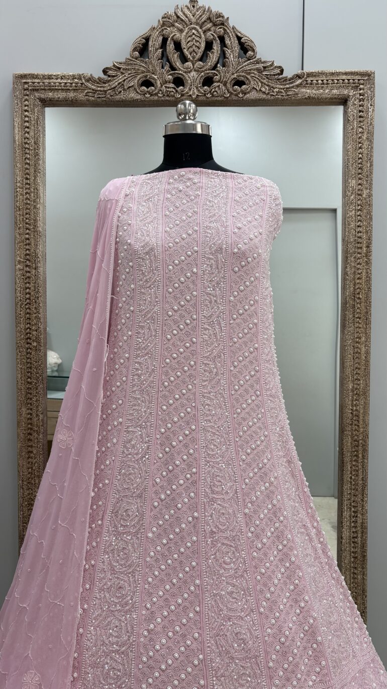 Pure Georgette Anarkali Heavy White Pearl, Multiolored Cutdana and Sequence Lilac Pink