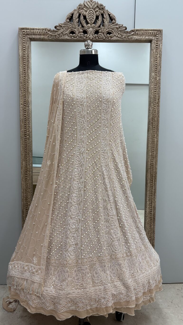 Pure Georgette Anarkali Heavy White Pearl, Multiolored Cutdana and Sequence Golden Beige