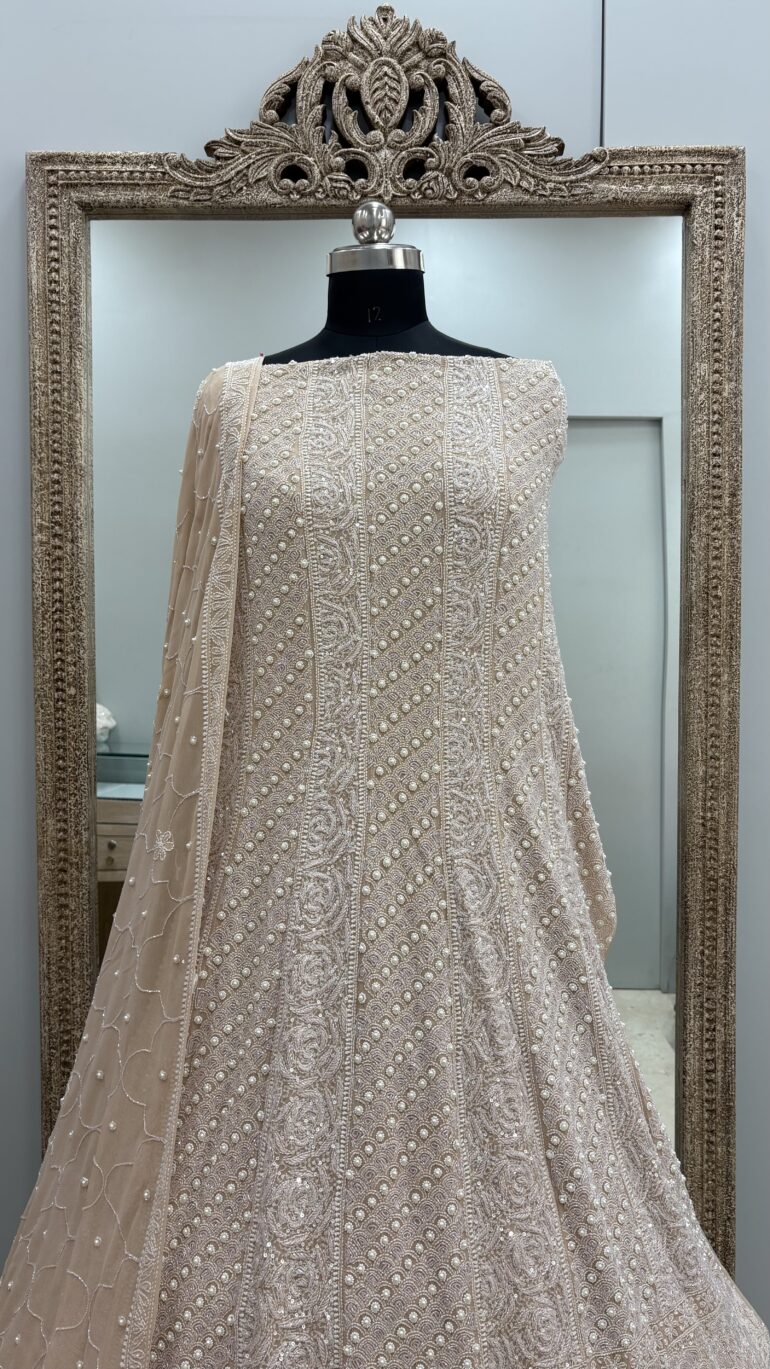 Pure Georgette Anarkali Heavy White Pearl, Multiolored Cutdana and Sequence Golden Beige