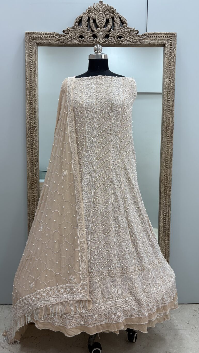 Pure Georgette Anarkali Heavy White Pearl, Multiolored Cutdana and Sequence Golden Beige