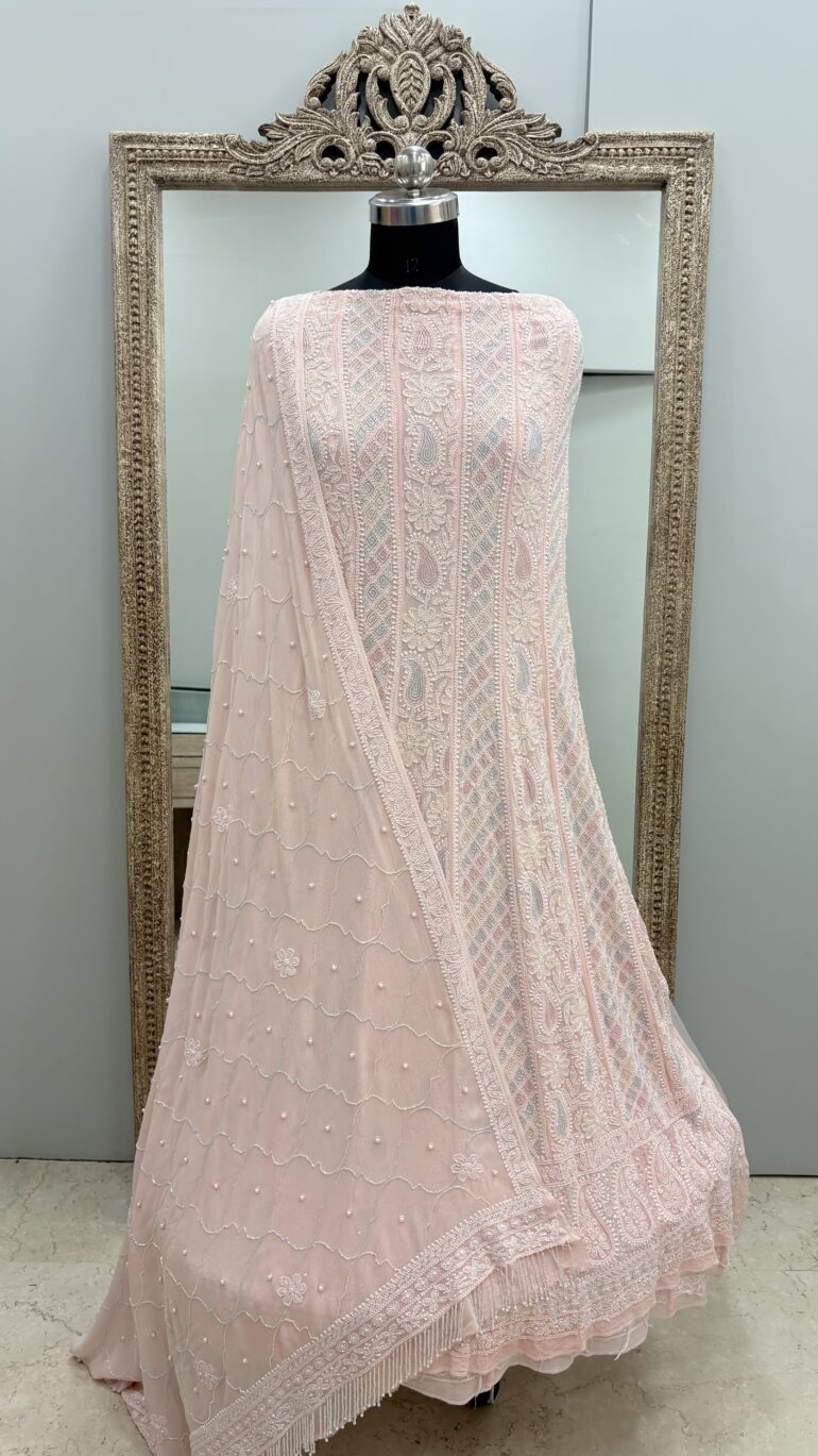 Pure Georgette Anarkali Heavy White Pearl, Cutdana and Sequence  Peachy Pink 