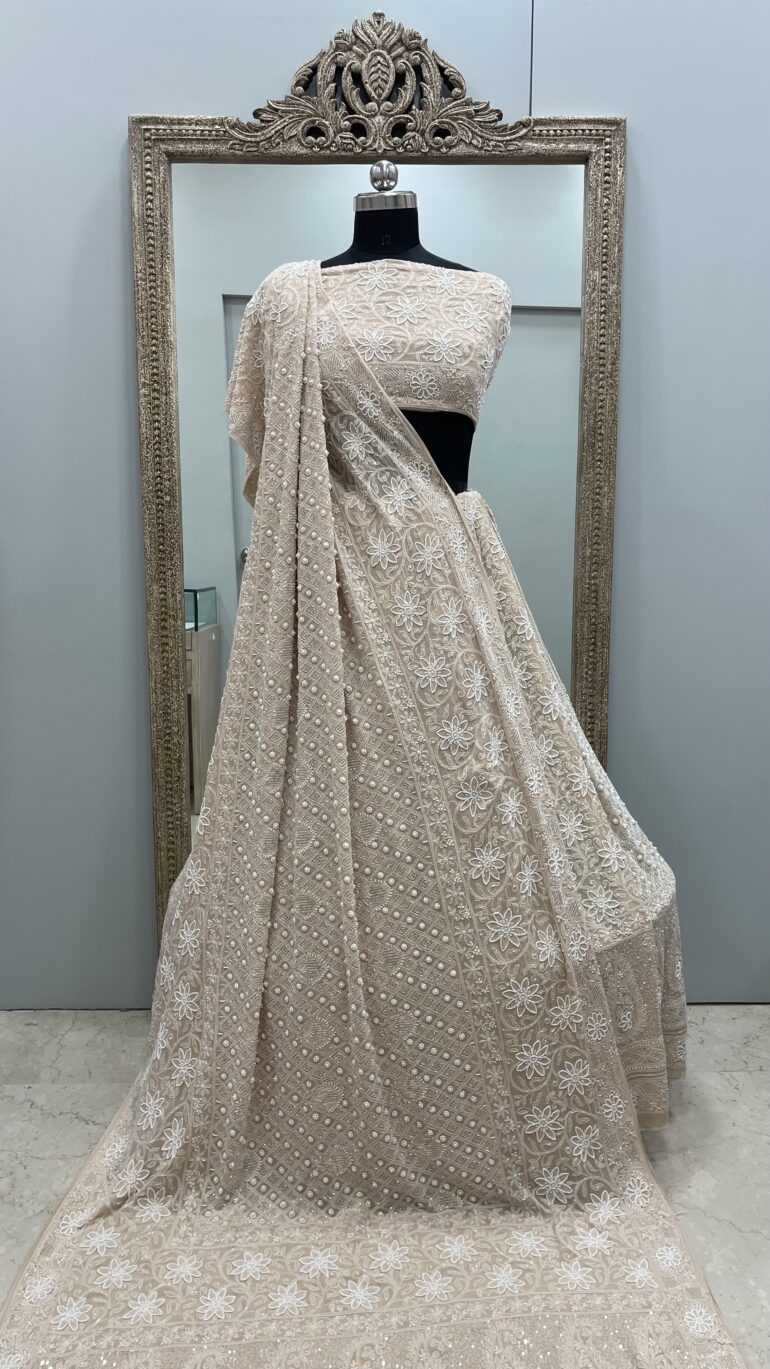 Pure Georgette Heavy Pearl, Cutdana and Sequence Rose Gold