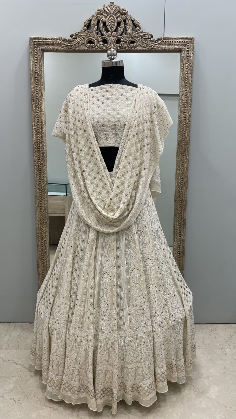 Pure Georgette Lehenga With Heavy Ring Mukaish Work Ivory