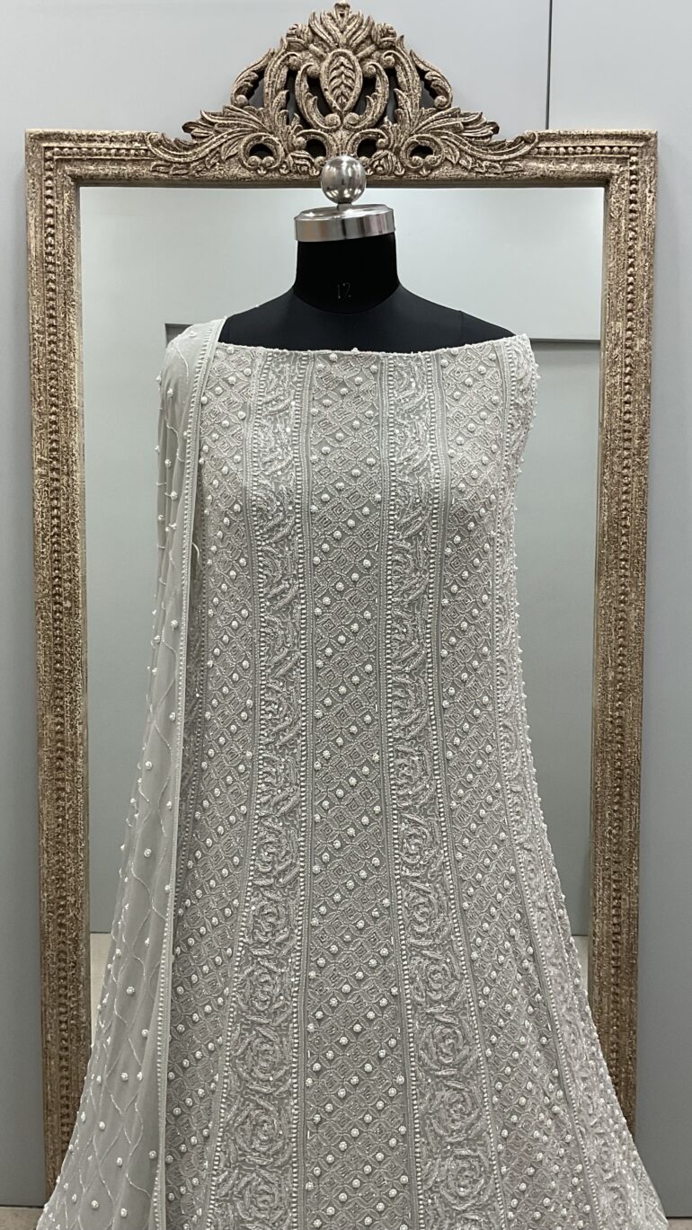 Pure Georgette Anarkali Heavy White Pearl, Multiolored Cutdana and Sequence Green