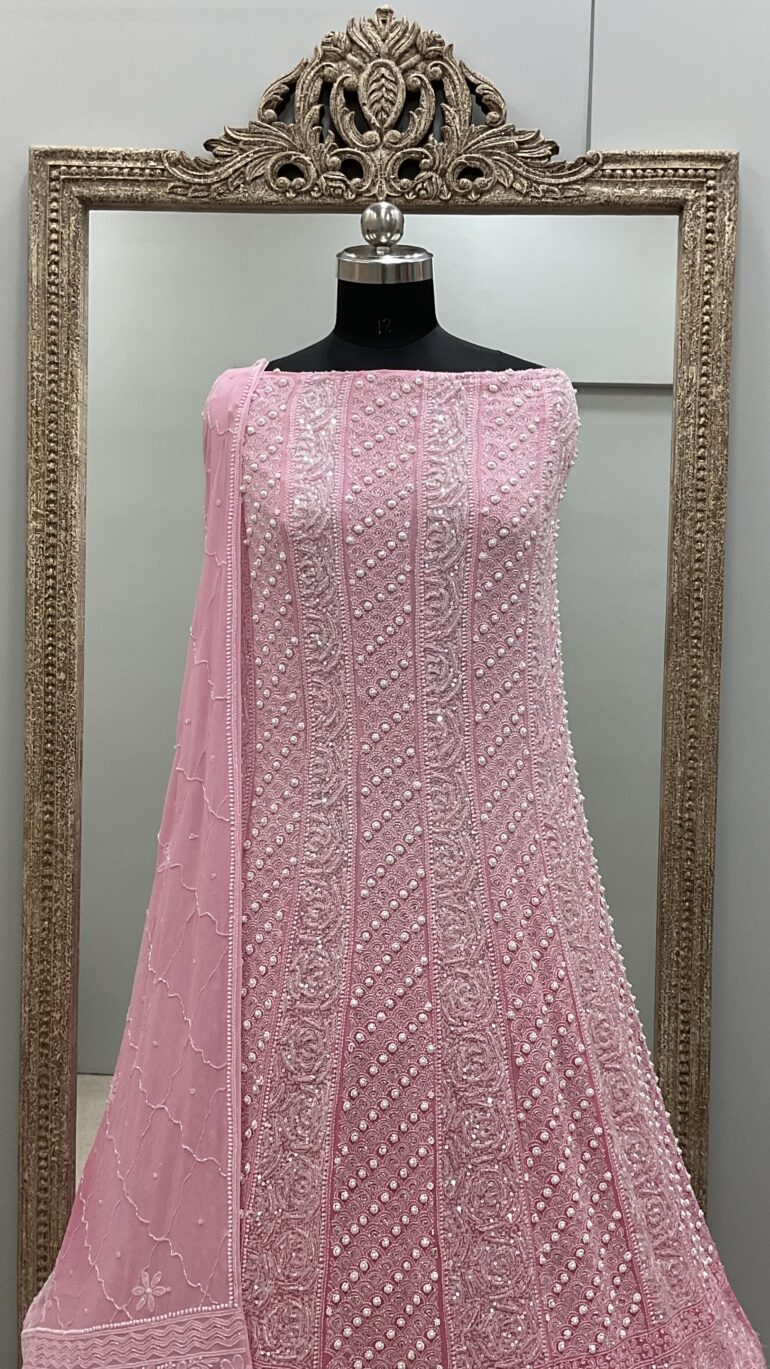 Pure Georgette Anarkali Heavy White Pearl, Multiolored Cutdana and Sequence Pink