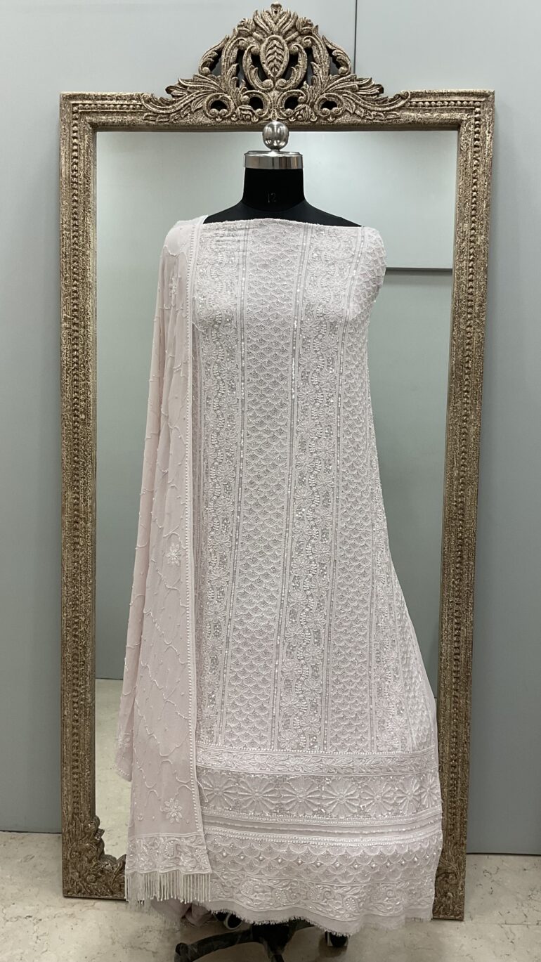 Pure Georgette Heavy Pearl Cutdana and Sequence Designer Powder Pink
