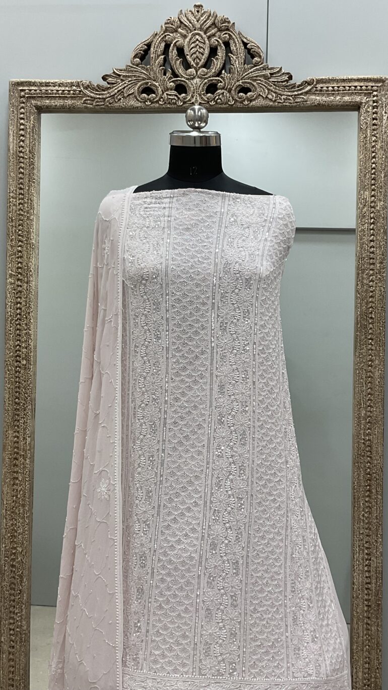 Pure Georgette Heavy Pearl Cutdana and Sequence Designer Powder Pink