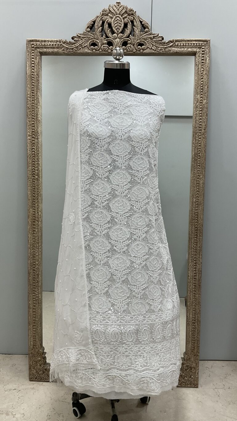 Pure Georgette Heavy Pearl Cutdana and Sequence Designer  White 02