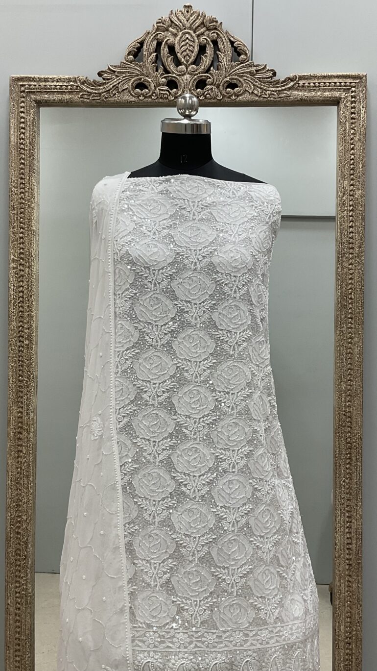Pure Georgette Heavy Pearl Cutdana and Sequence Designer  White 02