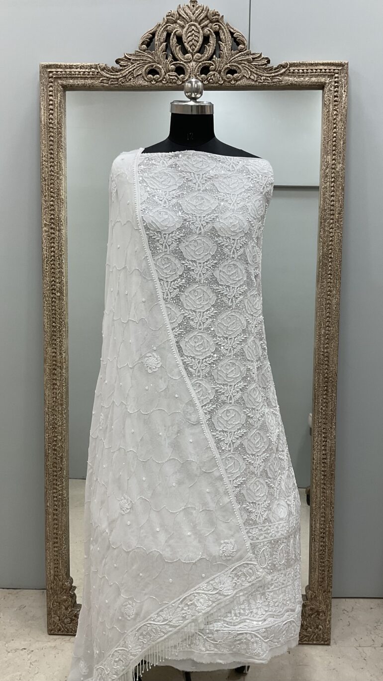 Pure Georgette Heavy Pearl Cutdana and Sequence Designer  White 02