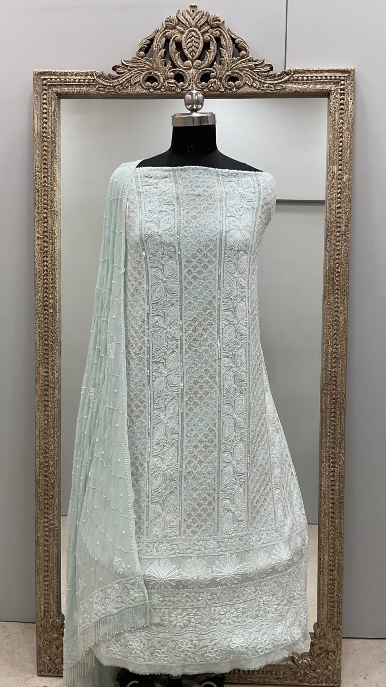 Pure Georgette Heavy Pearl Cutdana and Sequence Designer Sea Green