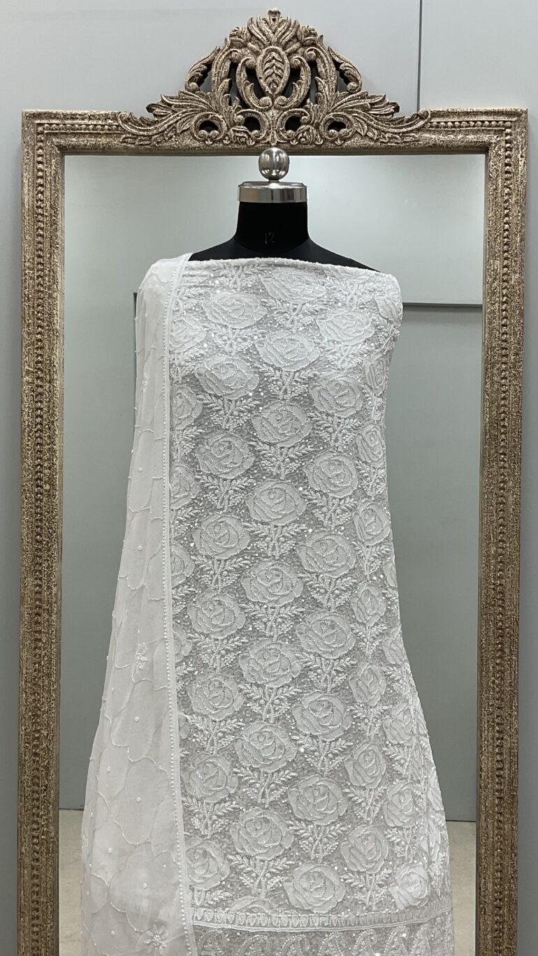 Pure Georgette Heavy Pearl Cutdana and Sequence Designer White 03