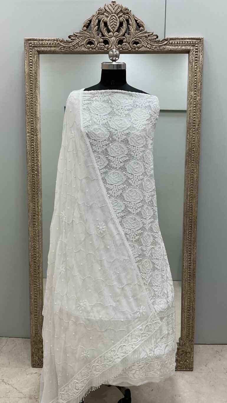 Pure Georgette Heavy Pearl Cutdana and Sequence Designer White 03