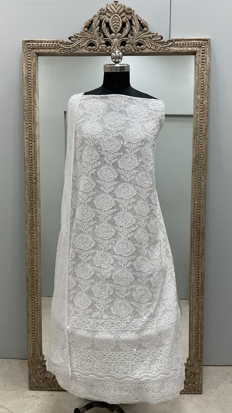 Pure Georgette Heavy Pearl Cutdana and Sequence Designer White 04