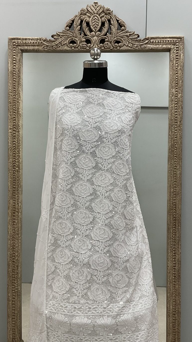 Pure Georgette Heavy Pearl Cutdana and Sequence Designer White 04