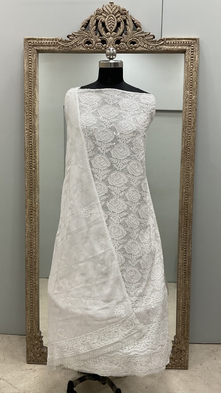 Pure Georgette Heavy Pearl Cutdana and Sequence Designer White 04