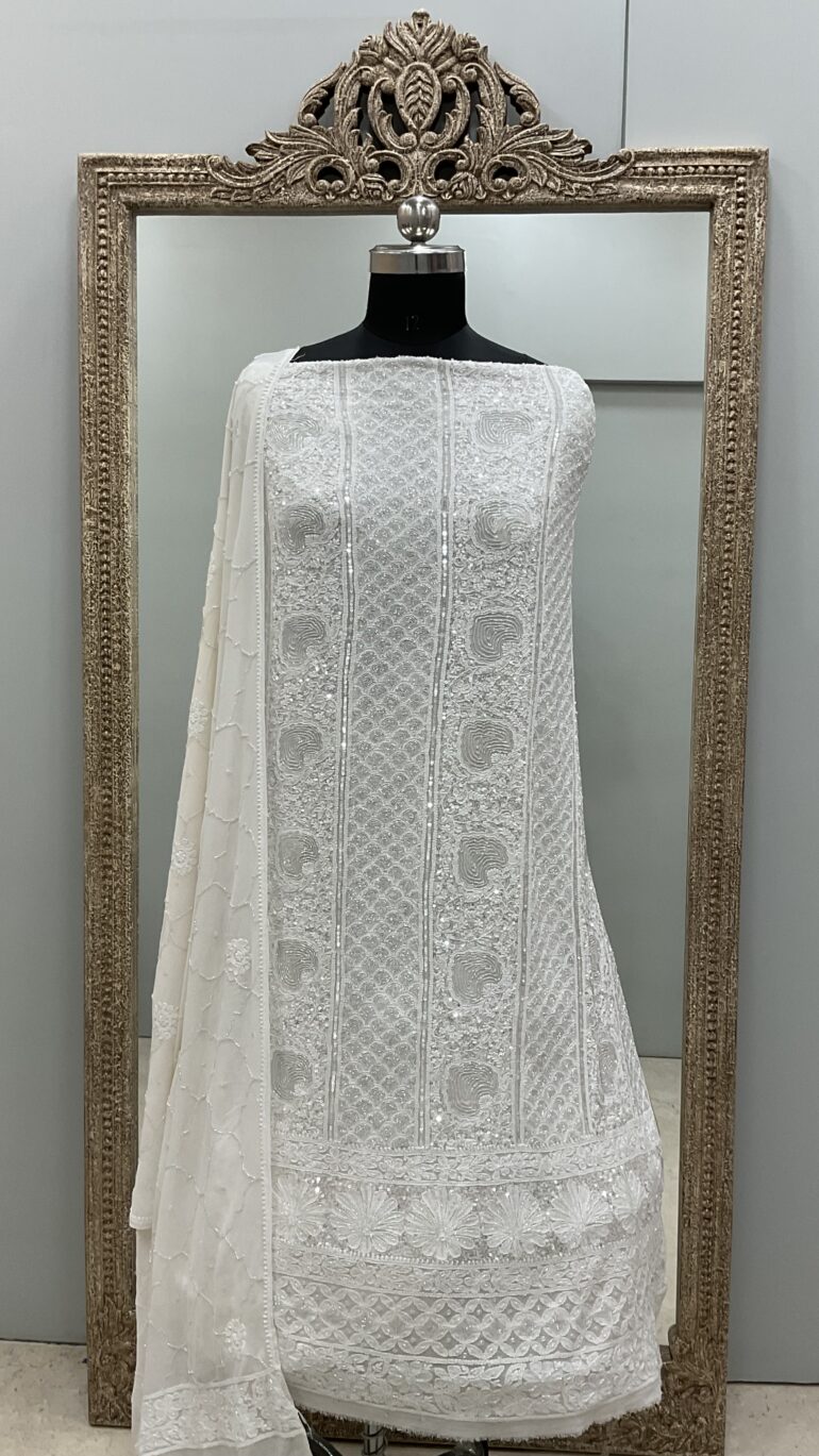 Pure Georgette Heavy Pearl Cutdana and Sequence Designer  White 05
