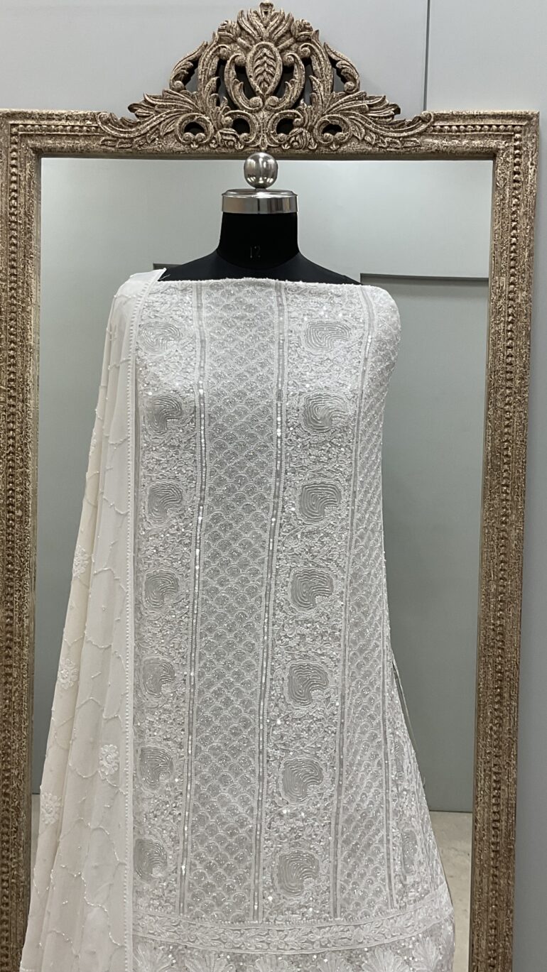 Pure Georgette Heavy Pearl Cutdana and Sequence Designer  White 05