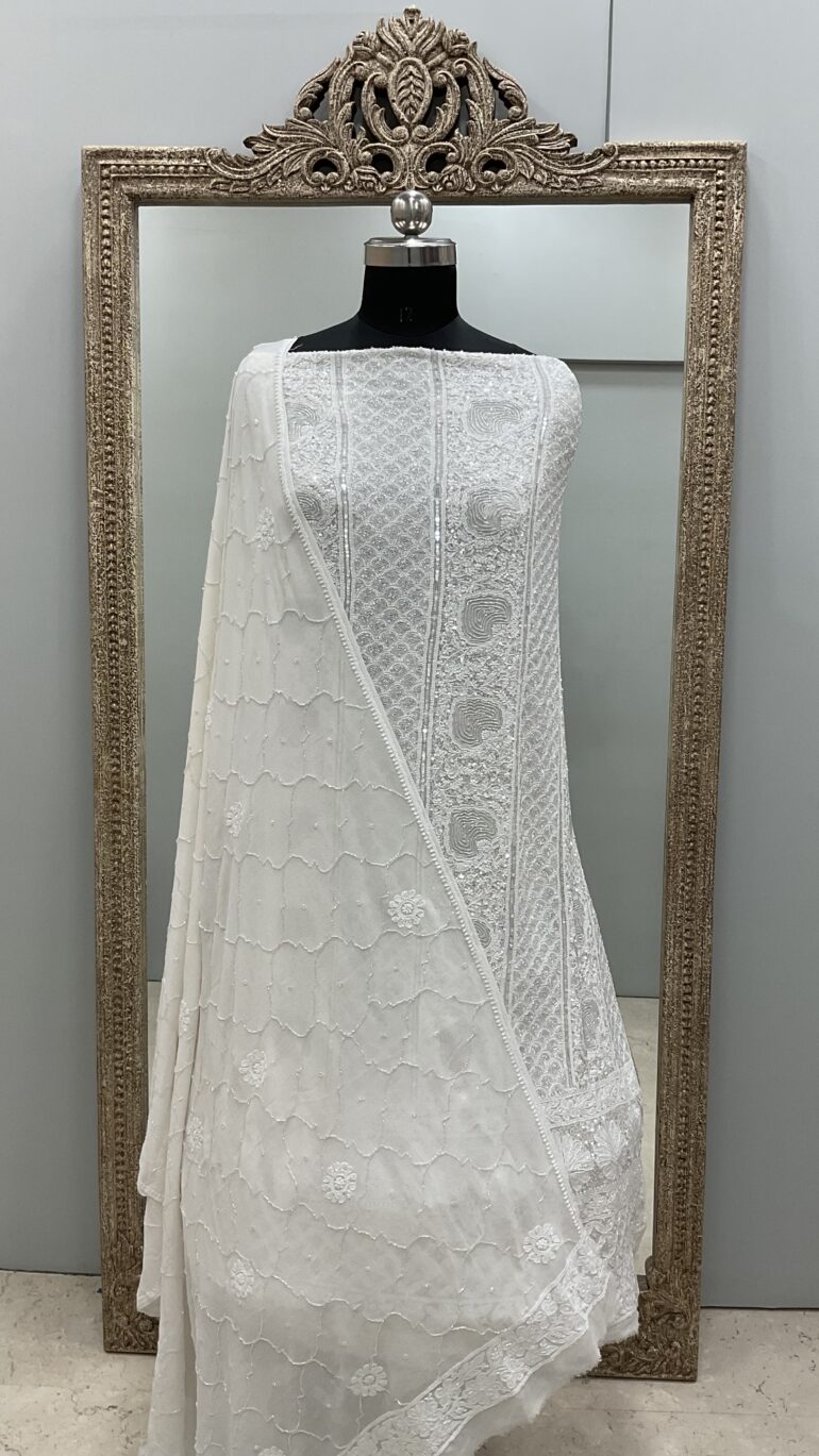 Pure Georgette Heavy Pearl Cutdana and Sequence Designer  White 05