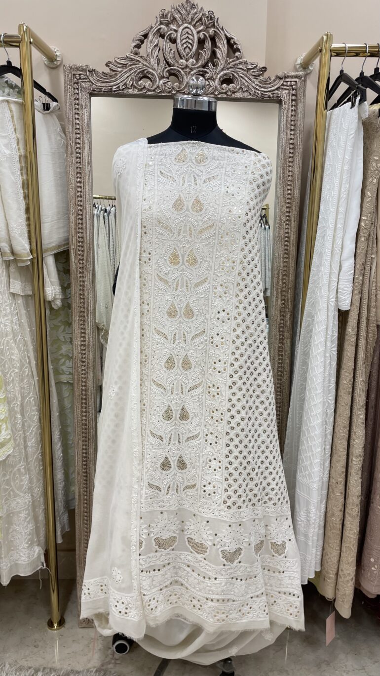 Pure Georgette Heavy  Mukaish Work With Dupatta Off White (G.K)