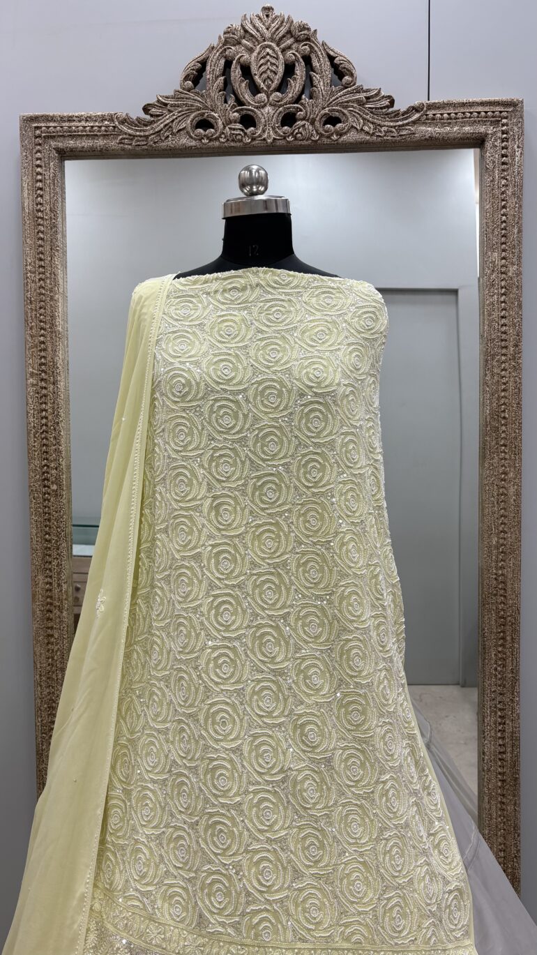 Pure Georgette Heavy Peral And Sequence Work Powder Lemon Green