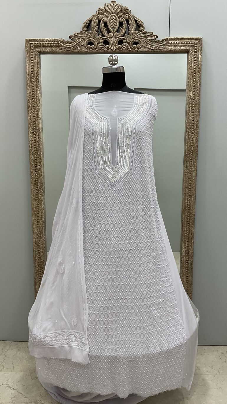 Pearl Gala Georgette Straight Pearl Cutdana and Sequence Powder Lilac
