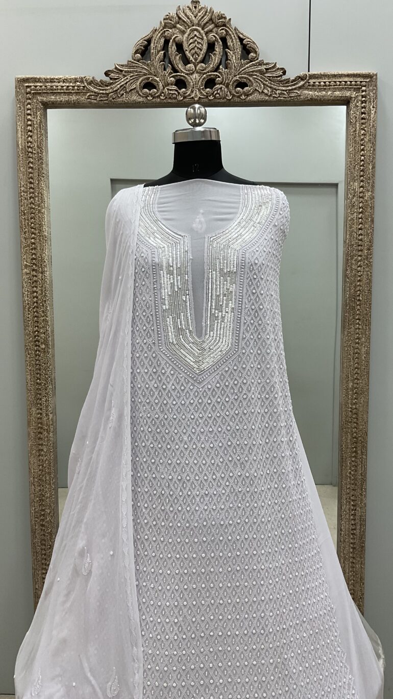 Pearl Gala Georgette Straight Pearl Cutdana and Sequence Powder Lilac
