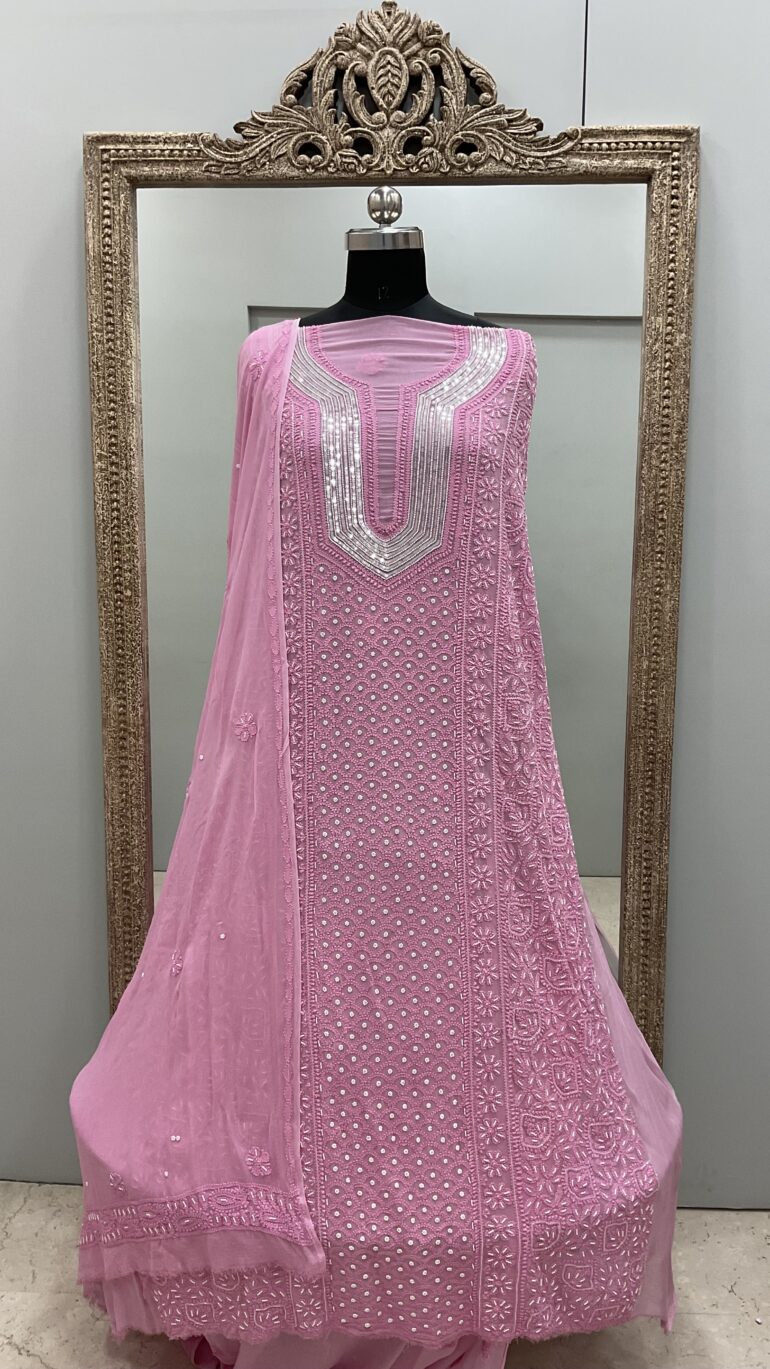 Pearl Gala Georgette Straight Pearl Cutdana and Sequence Bright Pink
